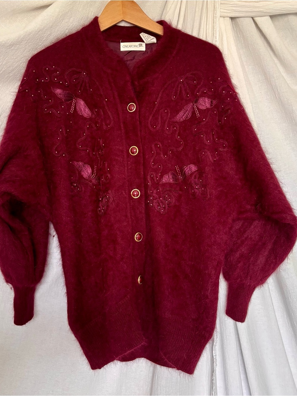 Vintage 80’s Creatore Burgundy Embellished Angora/Lambswool Button-Up Cardigan